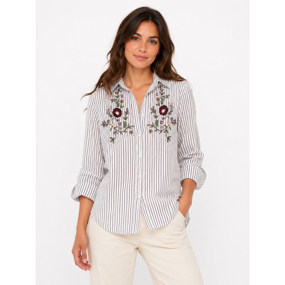 Laura Scott Button Up Shirt Womens Medium White Striped Floral Embroidered Boho